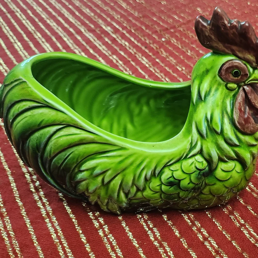Green Ceramic Rooster Bird Feeder Or Decorations